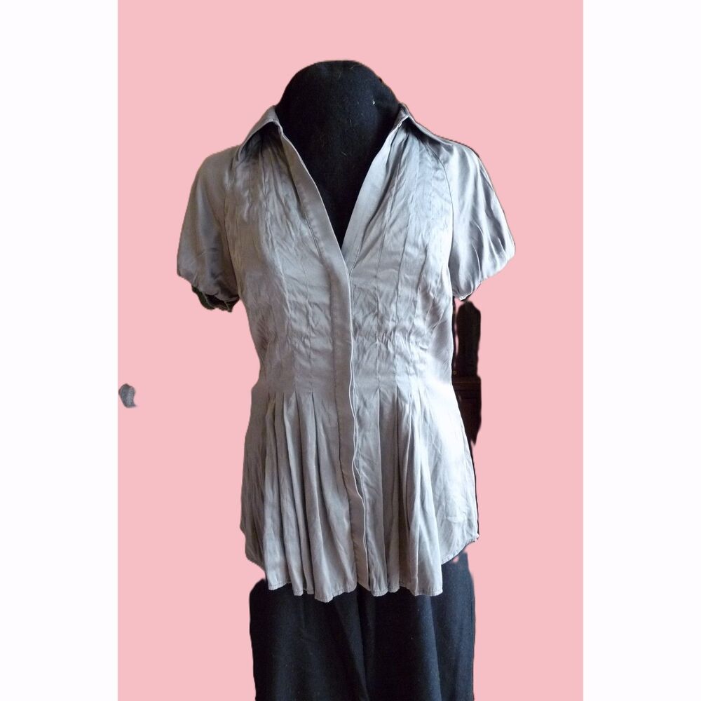 BCBG Max Azria Collection Silk Blouse Princess Fit Knife Pleat Peplum Puff Slv M